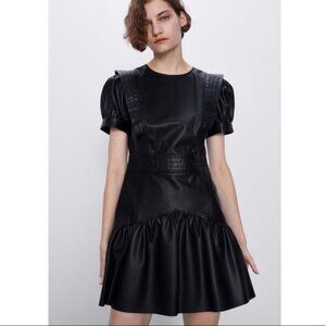 Zara Faux Leather Black Mini Dress With Drop Waist and Ruffles SzM